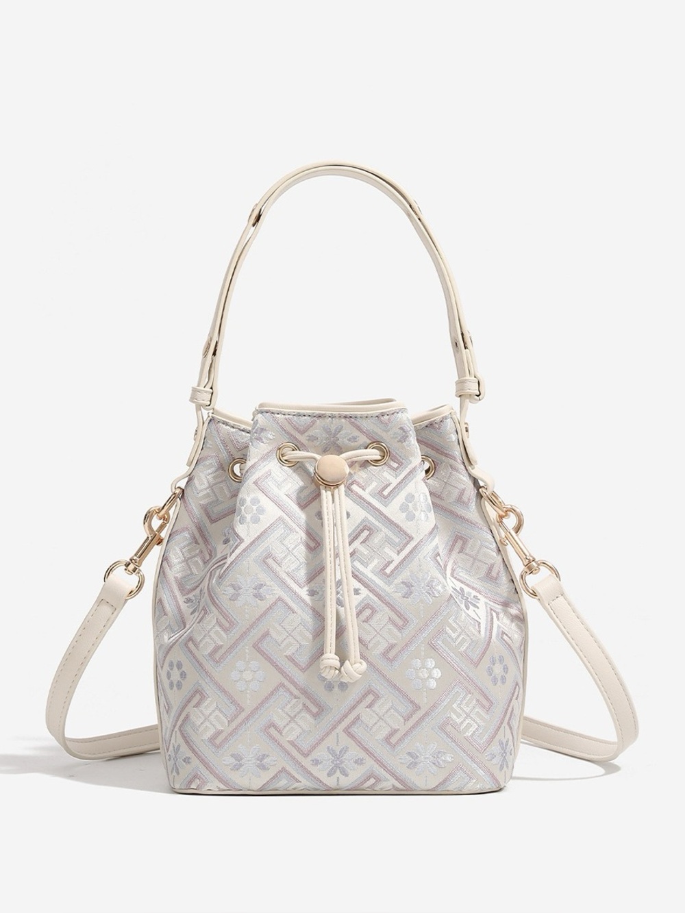 Geometric Pattern Drawstring Crossbody Bucket Bag